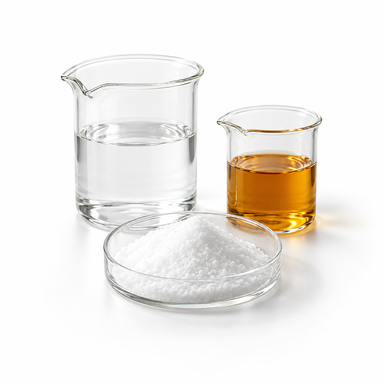Cosmetic active ingredients represented by white powder and clear and amber liquids in laboratory glassware