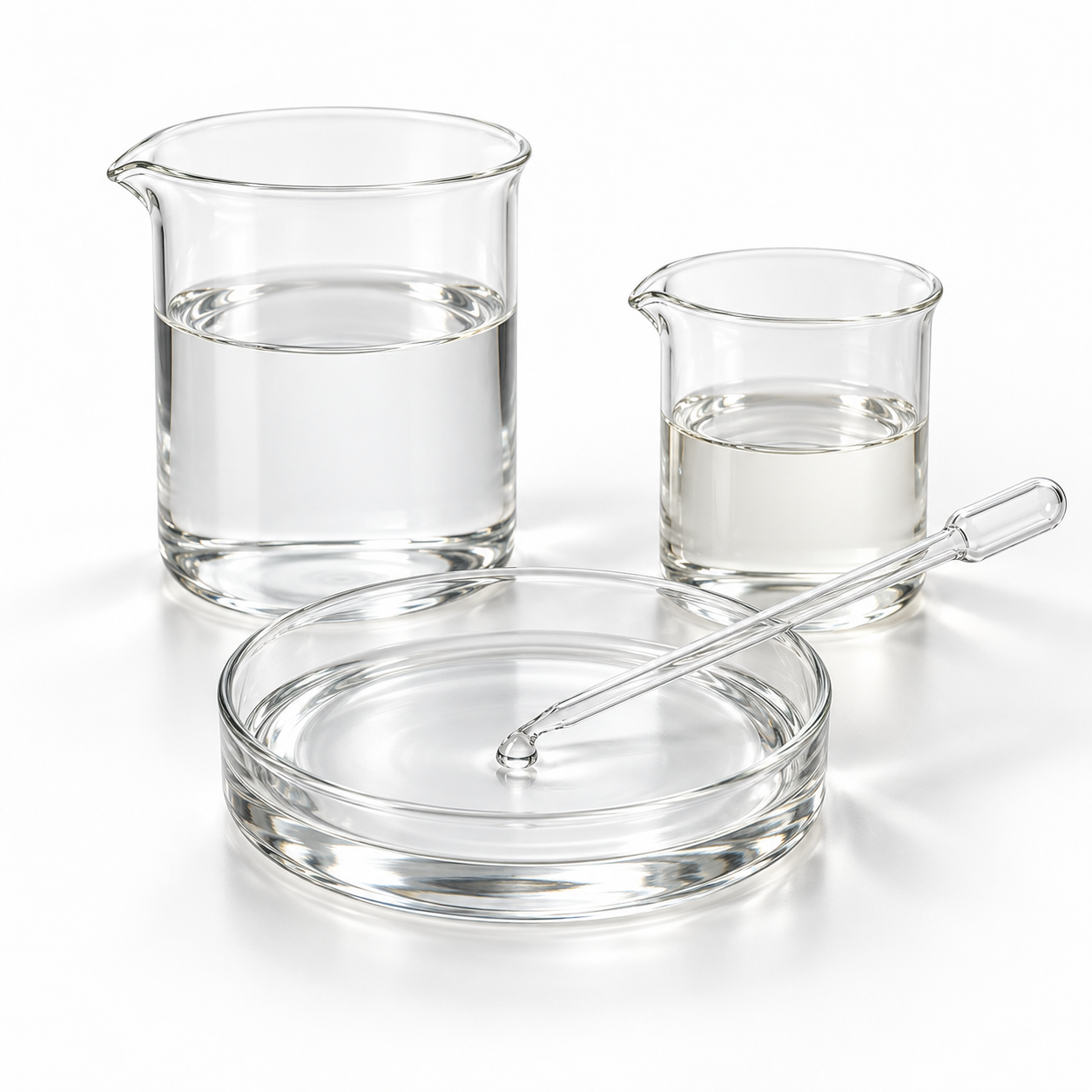 Clear cosmetic emollient oils in laboratory beakers and a glass dish with a pipette on white