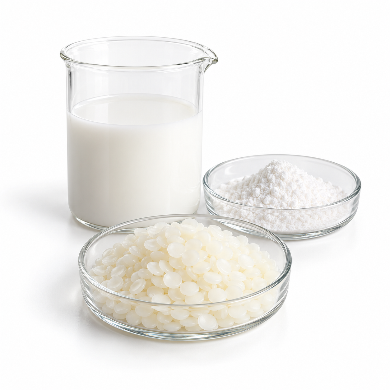 Emulsifier wax pastilles, white powder and milky liquid in laboratory glassware on white
