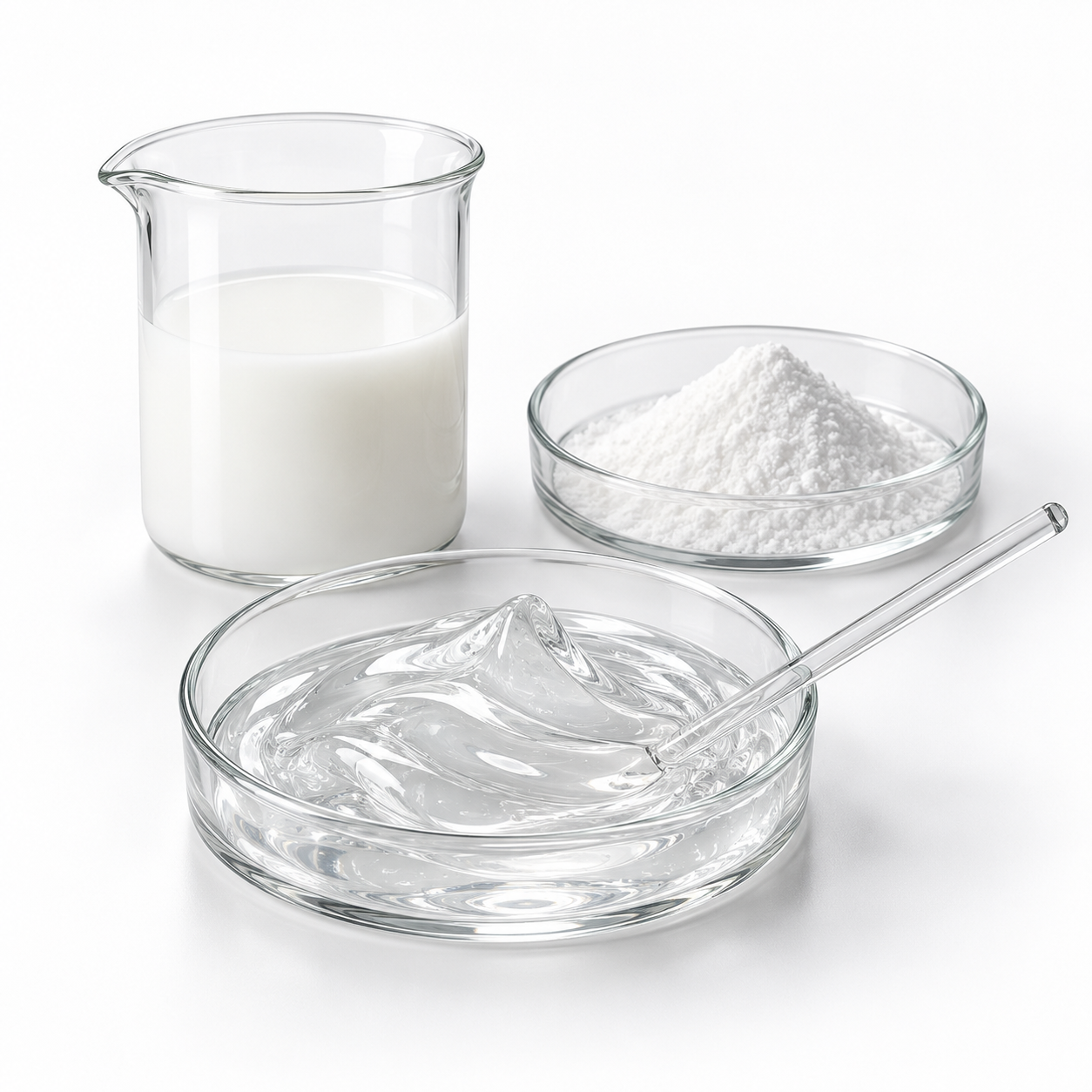 Rheology modifier powder, milky polymer dispersion and clear gel in laboratory glassware on white