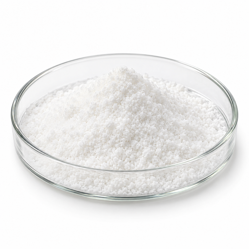 White crystalline 4-Butylresorcinol powder in a clear Petri dish on white