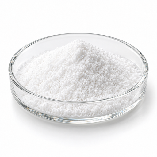 White crystalline Alpha-Arbutin powder in a clear glass laboratory dish on white