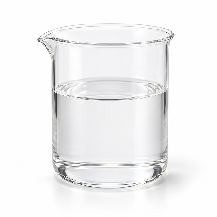 Clear colourless Cetiol CC dicaprylyl carbonate in a glass laboratory beaker on white