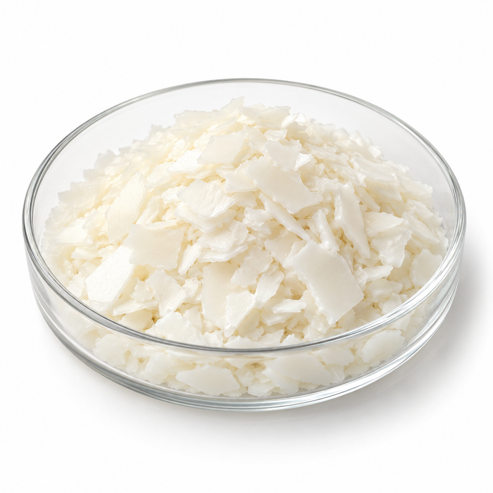 Illustration of ivory Cocamide MEA flakes in a clear glass dish