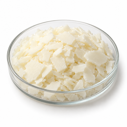 Illustration of pale ivory Cocamide MIPA flakes in a clear glass dish