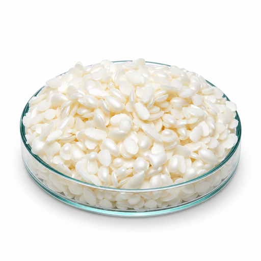 Ivory-white Emulsiphos F wax pastilles in a clear glass laboratory dish on white