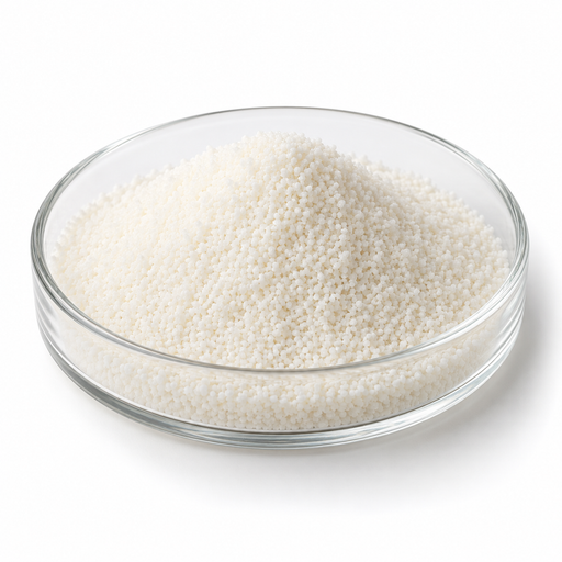 Illustration of Glyceryl Stearate VE emulsifier fine ivory grains in a glass dish