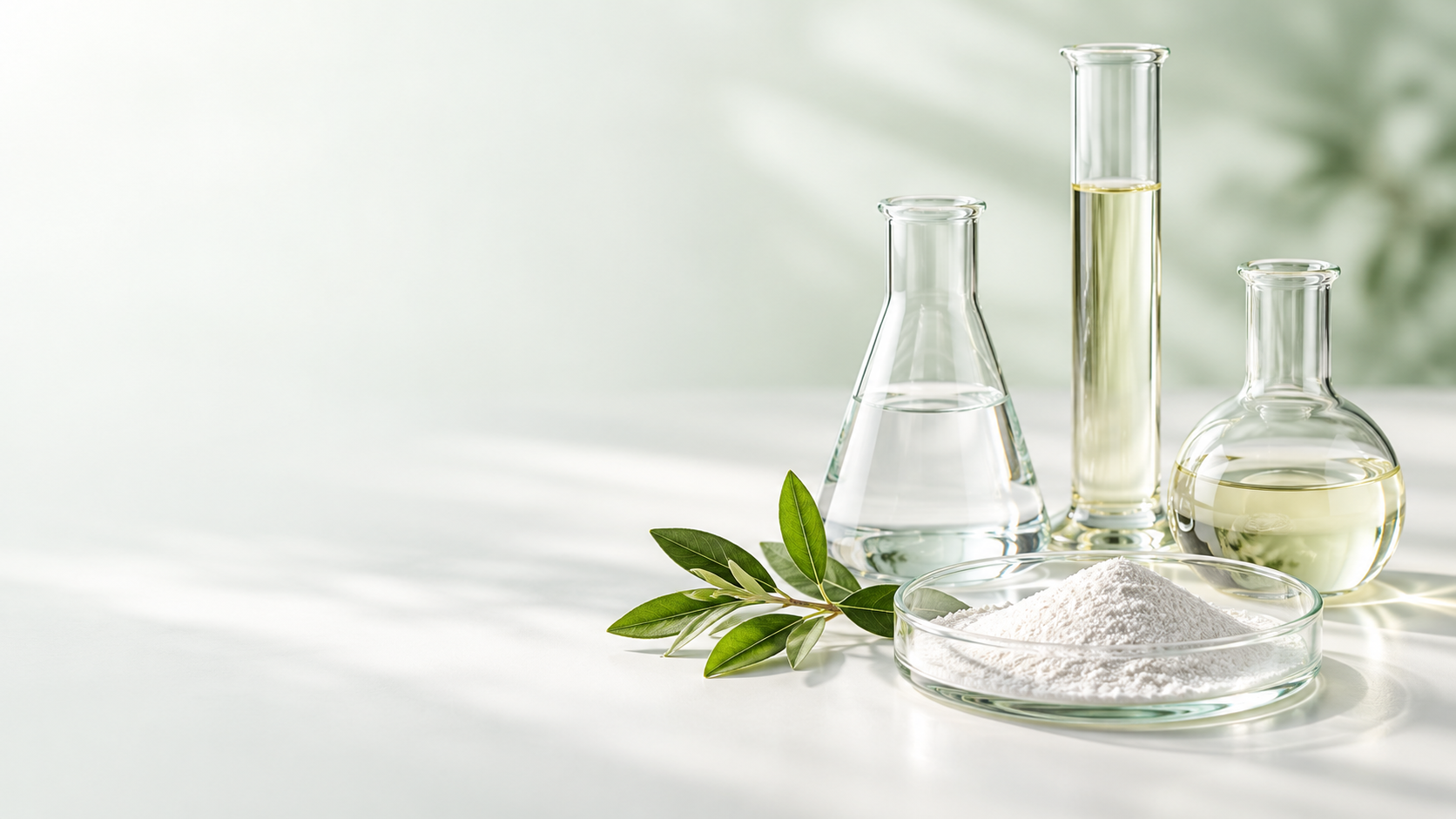 Laboratory glassware, cosmetic ingredient powder and a botanical sprig on a softly lit white background