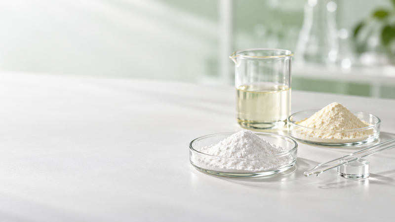 Fine cosmetic ingredient powders, laboratory beaker and glass pipette in a softly lit laboratory