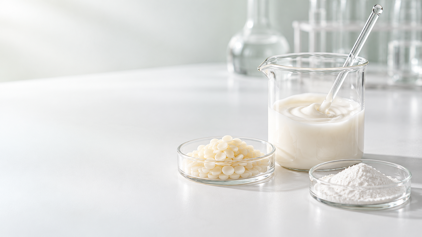 Cream emulsion, emulsifying wax pastilles and fine powder in laboratory glassware