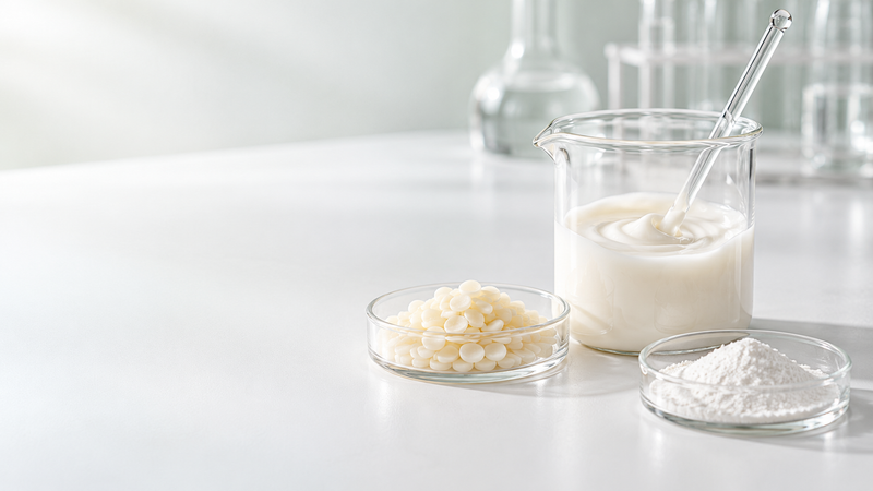 Cream emulsion, emulsifying wax pastilles and fine powder in laboratory glassware