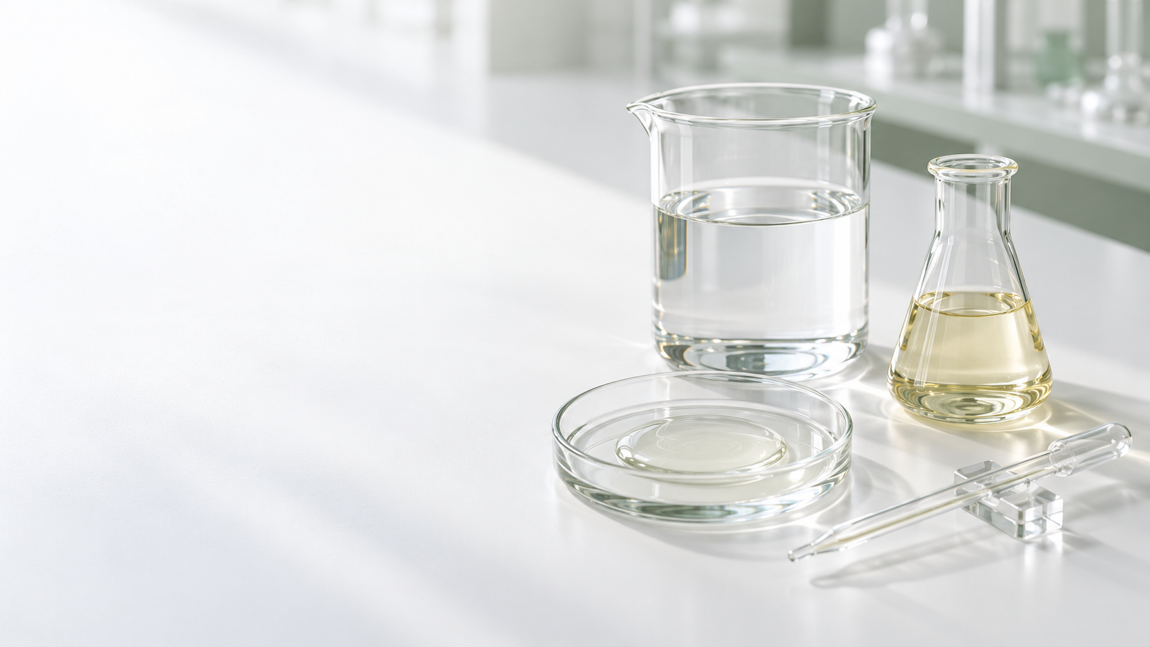 Clear and pale straw emollient liquids in laboratory glassware with a glass pipette