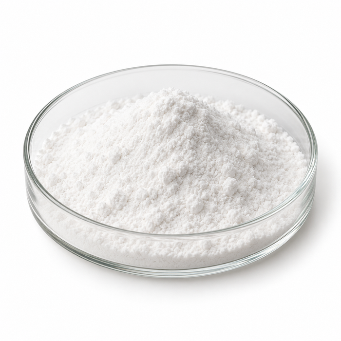 Illustration of fine white L-glutathione powder in a clear glass dish