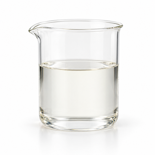 Clear Lanol 37T triheptanoin emollient in a glass laboratory beaker on white