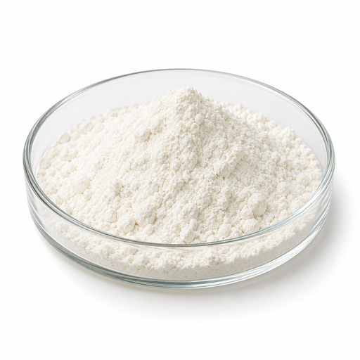 Illustration of fine off-white Magnesium Ascorbyl Phosphate powder in a glass dish