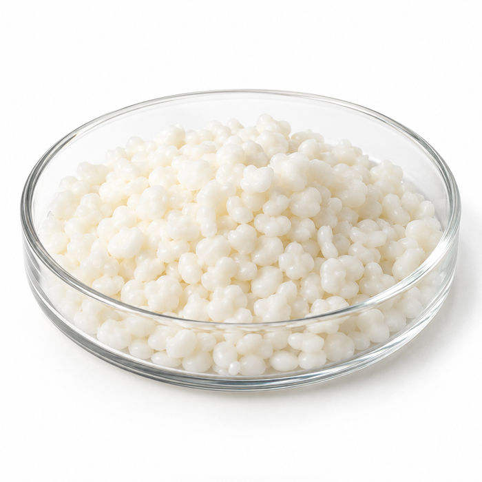 Off-white Montanov 202 emulsifier pellets in a clear glass Petri dish on white