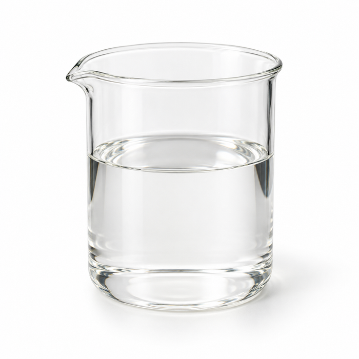 Clear Myritol 318 oil in a glass laboratory beaker on white
