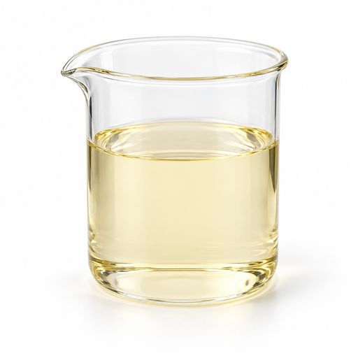 Pale yellow NatraGem E145 liquid emulsifier in a clear laboratory beaker on white