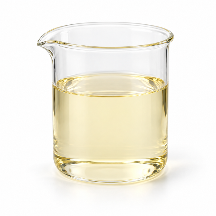 Pale yellow NatraGem E145 liquid emulsifier in a clear laboratory beaker on white
