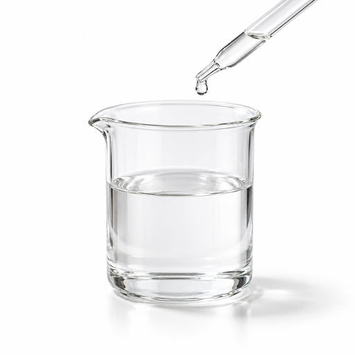 Clear Hemisqualane liquid in a laboratory beaker with a glass pipette on white