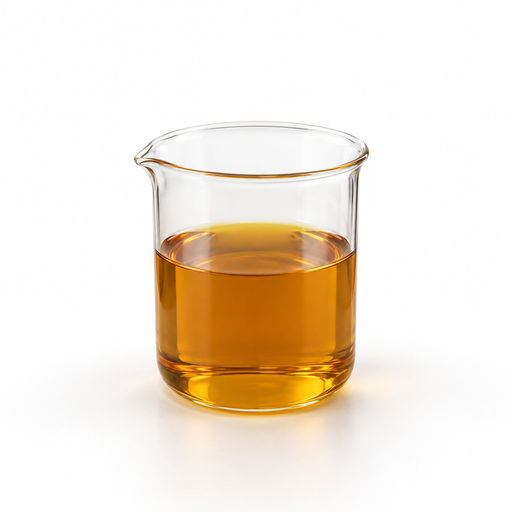 Amber PolyAquol VO4 liquid in a clear glass laboratory beaker on white