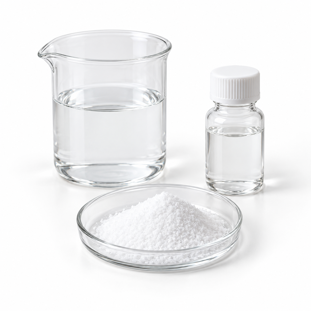Illustrative preservative ingredients as clear liquids and white powder in laboratory glassware on white