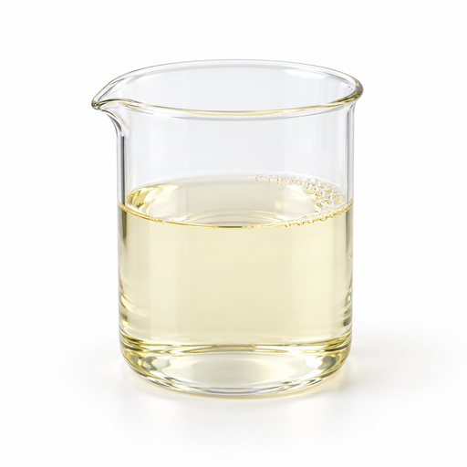 Pale yellow Proteol Oat PF surfactant with fine surface bubbles in a clear glass beaker on white