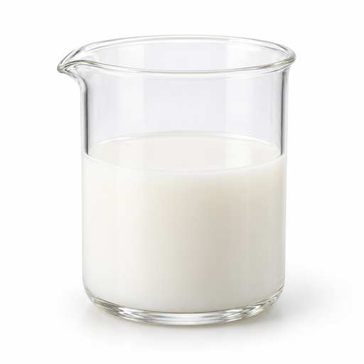 Milky off-white Simulgel NS liquid polymer in a clear laboratory beaker on white