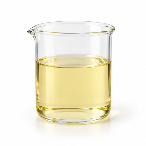 Pale yellow Span 20 sorbitan laurate liquid in a clear laboratory beaker on white